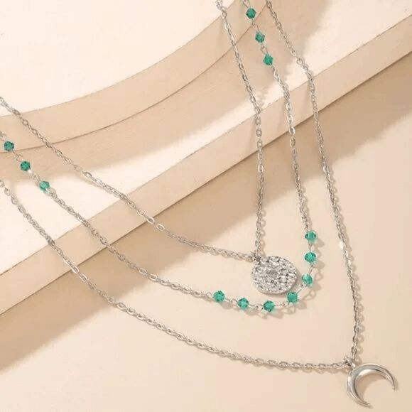 2/$21 Three Layered Green Bead Moon Necklace - Picture 2 of 5